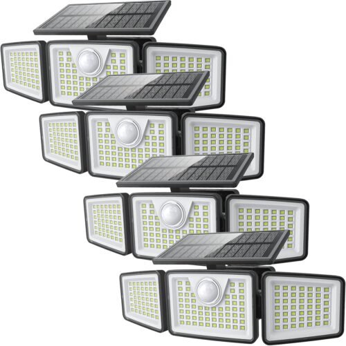 2500LM Solar Lights Outdoor with Motion Sensor,3 Head 270° Wide Angle Street Area Lights,IP65 Waterproof Security Lighting with 3 Modes(Non-Remote,4 Pcs)