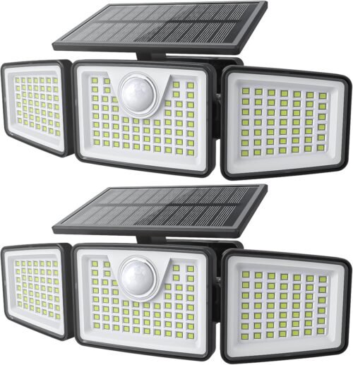 2500LM Solar Lights Outdoor with Motion Sensor,3 Head 270° Wide Angle Street Area Lights, IP65 Waterproof Security Lighting with 3 Modes(Non-Remote,2 Pcs)