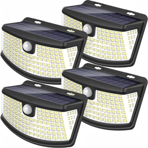 Aootek New Solar Motion Sensor Lights 120 LEDs with Lights Reflector,270° Wide Angle, IP65 Waterproof, Step Lights for Front Door, Yard, Garage, Deck (Back Button 4-Pack)